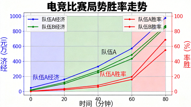 电竞比赛局势胜率走势折线图，展示双方经济与胜率变化曲线
