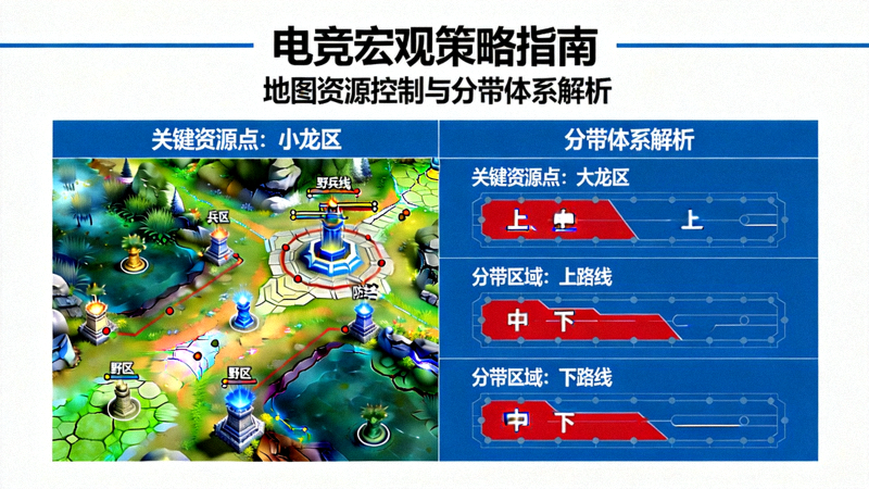 电竞宏观策略指南示意图，展示地图资源控制与分带体系