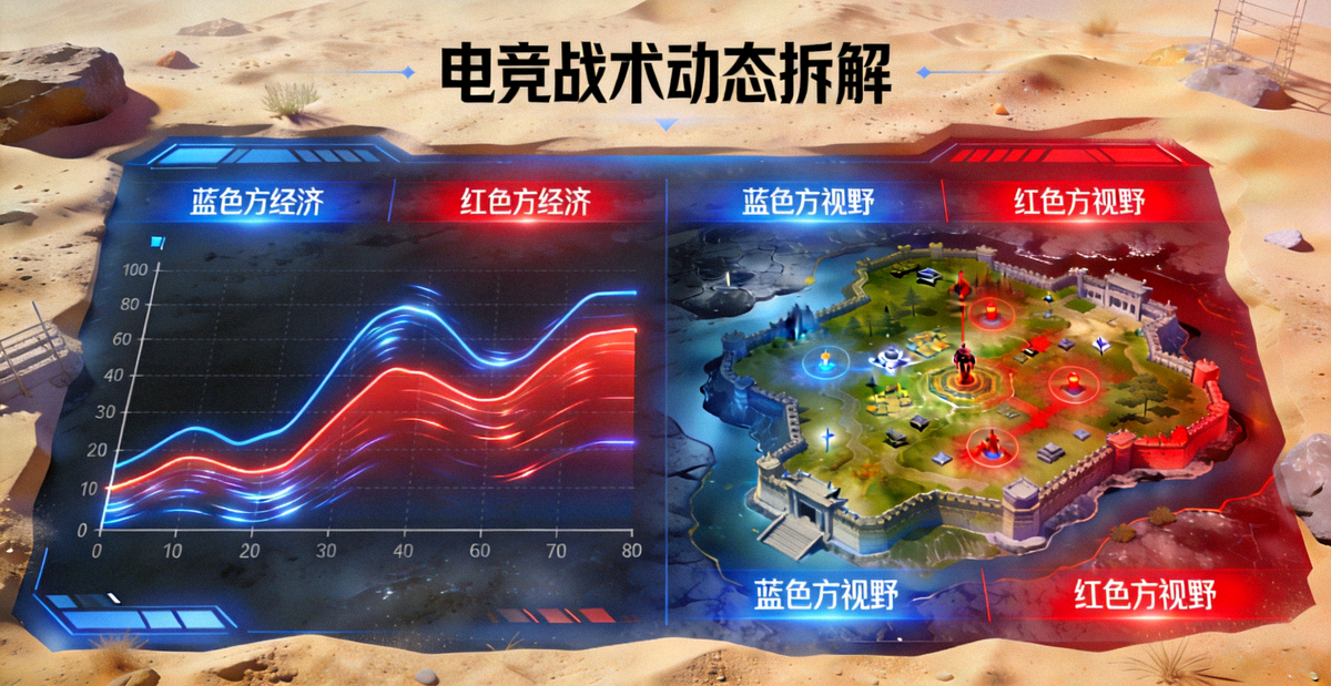 电竞战术动态拆解沙盘界面，展示双方经济曲线与地图视野分布