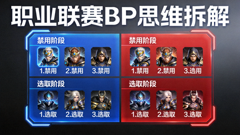 职业联赛禁选阶段 BP 思维拆解界面，展示双方英雄禁用与选取顺序